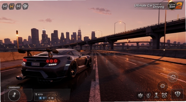 Ultimate Car Driving Sim 2 游戏主界面全景,画面中央偏左位置停放一辆改装跑车,背景为黄昏城市天际线与高架桥,柏油路面反射暖色灯光,整体色调偏橙紫,写实3D渲染风格,突出开放世界驾驶氛围