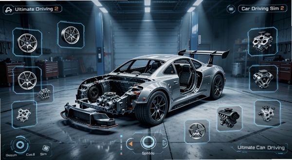 Ultimate Car Driving Sim 2 改装车间界面,画面中央一辆拆解状态的跑车,四周悬浮着轮毂、尾翼、引擎零件图标,背景为冷色调车库,灯光聚焦车身,科技感UI元素点缀,写实3D渲染