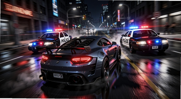 Ultimate Car Driving Sim 2 警车追捕场景,画面中一辆改装跑车在前方疾驰,后方两辆警车闪烁红蓝警灯紧追,背景为夜间城市街道,路面积水反射霓虹灯光,动态模糊效果,紧张刺激的氛围