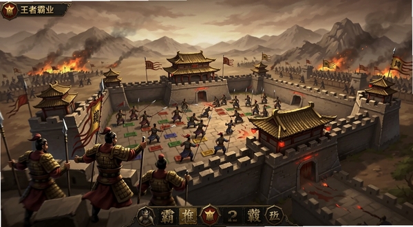 王者霸业 游戏主界面全景展示,画面中央是三国风格城池攻防场景,武将立于城头指挥,背景是烽火连天的战场与远山,整体色调偏暗金与赤红,突出策略塔防主题