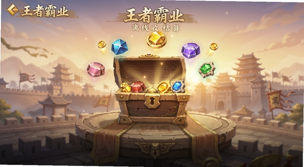 王者霸业 离线收益结算界面概念图,画面中央是古代宝箱与资源图标飘浮,背景是清晨的城池轮廓,整体色调温暖明亮