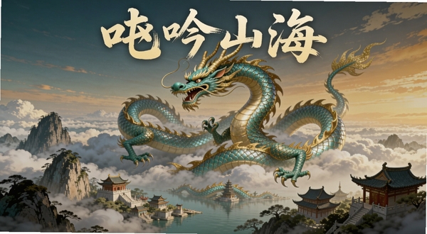 画面中央为一条盘旋于云海之上的青龙,龙身鳞片泛着青金色光泽,下方是层叠的仙山岛屿与古建筑群,背景区域为渐变晚霞天色,整体风格为国风手绘插画,画面中融入龙吟山海四个艺术字体,构图大气开阔,细节丰富,适配Boogu模型生成