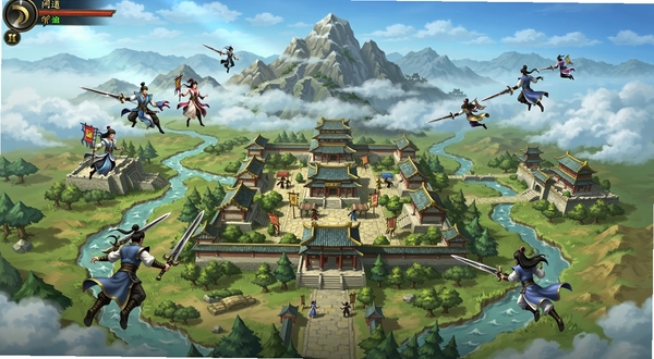 问道手游中州大陆全景图,画面中央是繁华的天墉城,背景是云雾缭绕的终南山,五大门派弟子御剑飞行,色彩明亮,东方玄幻风格,高清游戏原画质感