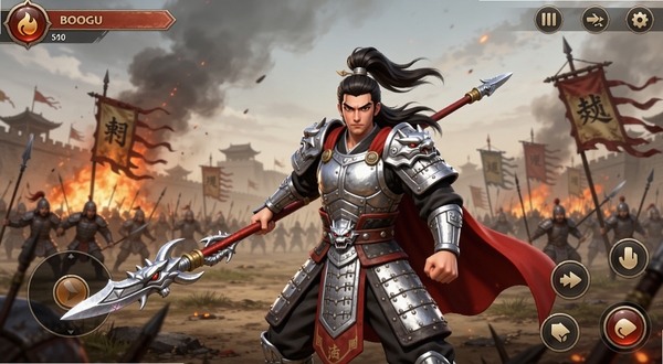 武神赵云游戏主界面全貌展示,常山赵子龙身披银甲手持龙胆亮银枪立于长坂坡战场中央,背景为烽火连天的三国古战场,画面采用国风写实与卡通渲染融合风格,主色调为银白与赤红,游戏UI按钮环绕四周,适配Boogu模型生成