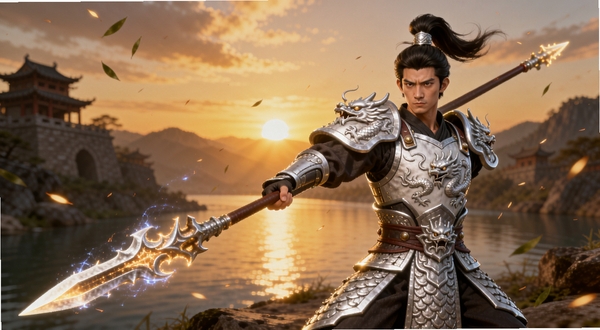 武神赵云新版本龙胆银甲皮肤展示,赵云身着银白龙纹铠甲手持发光长枪,背景为汉水河畔夕阳余晖,画面带有动态光效与粒子飘落,适配Boogu模型生成