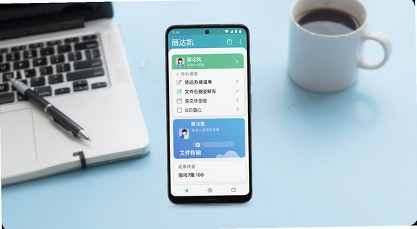 丽达凯软件主界面全貌展示,画面中心为一部竖屏安卓手机,屏幕内显示丽达凯的待办清单与文件传输功能卡片,背景为浅蓝色渐变办公桌面,桌面摆放笔记本和咖啡杯,整体风格简洁明亮,适配Boogu模型生成。