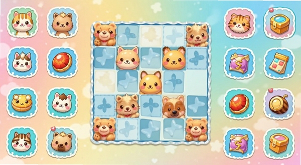 开心合成游戏主界面截图,画面中央是合成棋盘,四周点缀着可爱的小动物和道具图标,背景是柔和的渐变色彩,整体风格清新治愈,适合作为软件下载站预览图