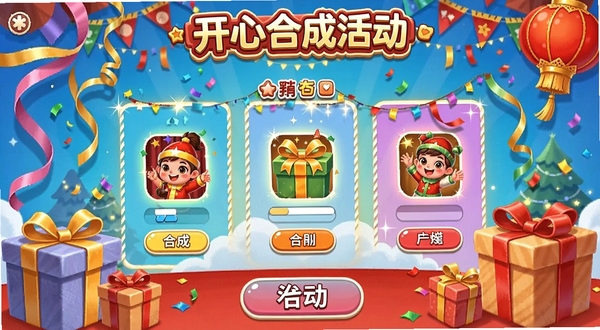 开心合成活动页面截图,展示节日主题的合成场景,有彩带和礼盒元素,界面喜庆热闹,吸引用户参与活动