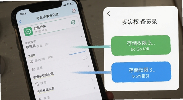 每日记事备忘录 安装权限设置 手机应用管理界面 存储权限 操作指引图