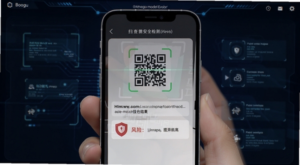 微二维码扫查安全检测功能界面,画面显示手机屏幕内一个二维码扫描结果页面,网址下方有红色盾牌图标和风险提示文字,背景为深色科技感界面,适配Boogu模型生成
