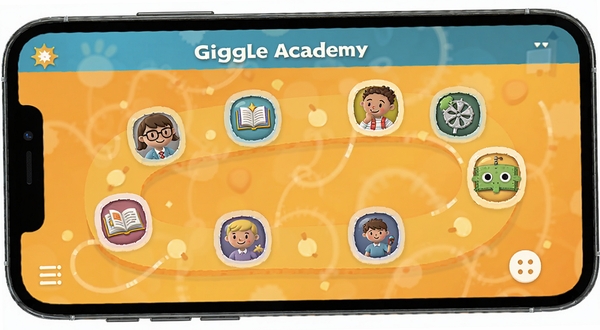 Giggle Academy 个性化学习路径界面,手机屏幕显示一条蜿蜒的卡通路径,路径上分布着不同科目的图标,背景是温暖的橙黄色调,界面简洁明快