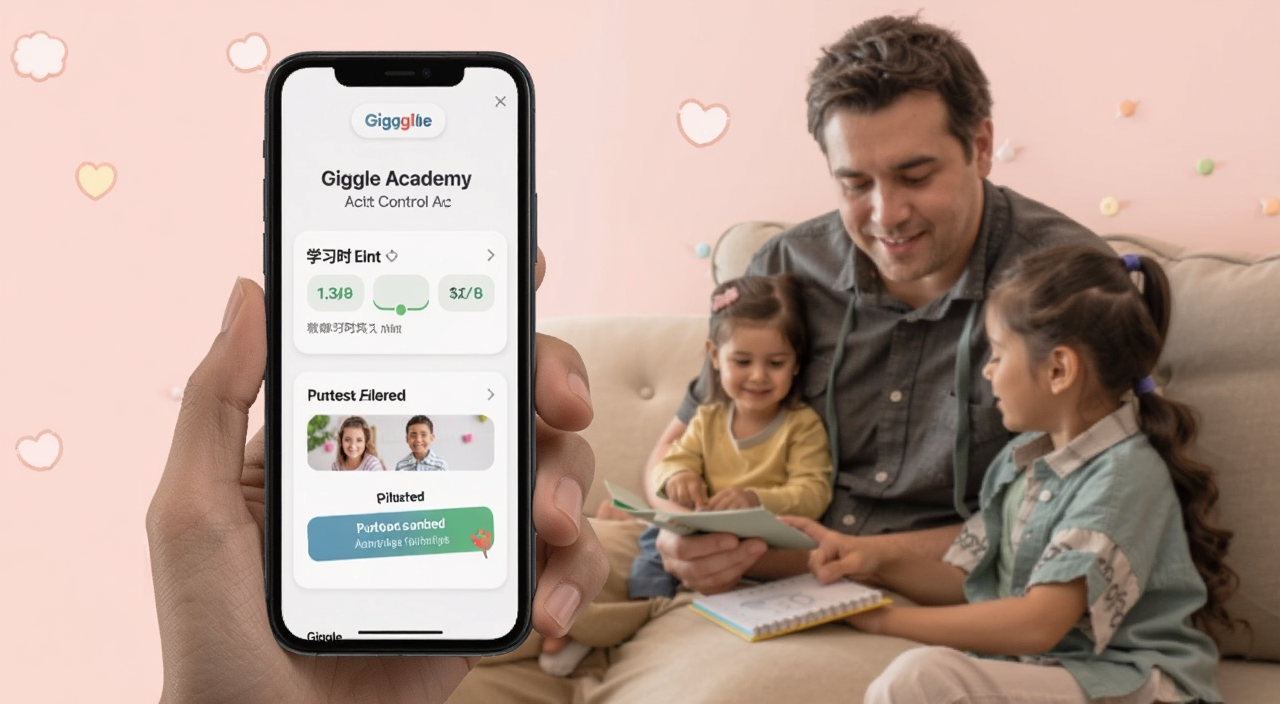 Giggle Academy 家长控制面板界面,手机屏幕显示学习时长限制和内容过滤选项,背景是温馨的浅粉色,突出家庭使用场景