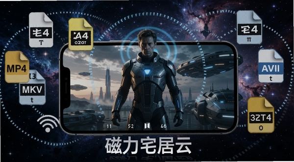 磁力宅居云全能解码功能展示,画面中手机屏幕内正在播放科幻电影画面,屏幕四周漂浮着MP4、MKV、AVI等格式图标,背景为深空星云,突出格式兼容性,软件名称磁力宅居云出现在手机边框下方。