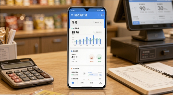 画面中央放置一部安卓手机,屏幕显示嘀达商户通店铺经营数据看板,背景为暖色调的实体店铺收银台场景,桌面有计算器与账本,整体风格写实明亮,突出移动端管理软件的便捷感,Boogu模型生成,画面比例16:9