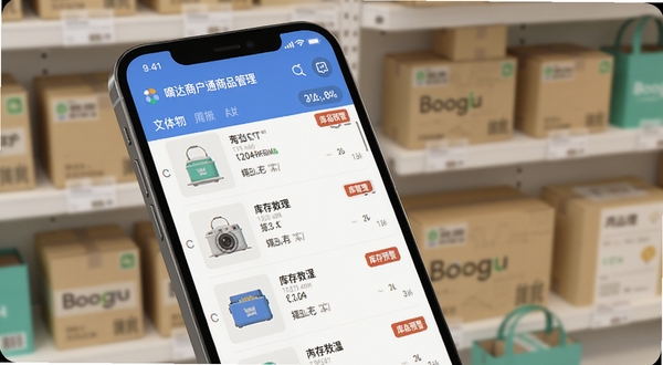 嘀达商户通商品管理界面特写,手机屏幕显示商品列表与库存预警标签,背景为货架与包装盒,画面干净整洁,光线柔和,突出数字化管理的高效感,Boogu模型生成,细节丰富