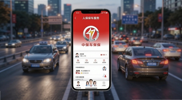 人保车服务APP官方主界面展示,画面中央为中国人保品牌标识与红色主色调的应用首页,背景区域呈现城市道路与车辆行驶的虚化场景,整体风格简洁大气,突出保险服务与车主关怀的品牌形象