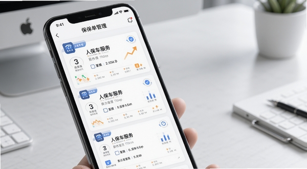 人保车服务APP保单管理界面预览图,画面主体为手机屏幕中展示的多张电子保单卡片列表,背景为柔和的浅灰色办公桌面环境,光线明亮均匀,体现数字化保单管理的便捷与专业感