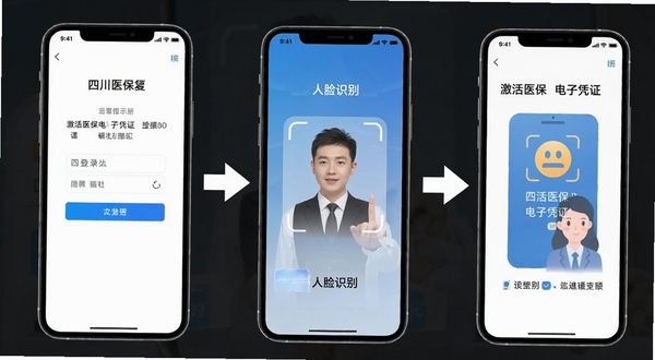 四川医保APP操作教程示意图,画面以手机截图形式展示注册登录、人脸识别、激活医保电子凭证的步骤流程,每一步都有清晰的箭头指引和文字说明,整体风格简洁明快