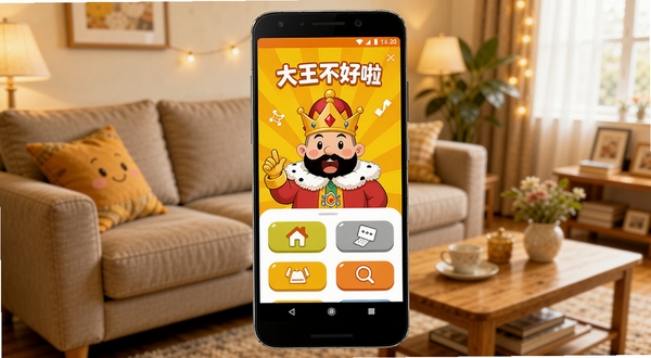 画面中央展示一部安卓手机,屏幕上显示大王不好啦软件主界面,界面以明亮黄色和橙色为主色调,有卡通大王形象和多个功能按钮,背景为温馨的室内客厅环境,沙发和茶几点缀,整体风格活泼轻松,适合软件下载站展示图