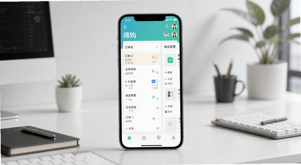 得物商家版应用界面整体展示,画面中央为手机屏幕显示商家后台数据看板,背景为现代简约办公桌面环境,屏幕内包含订单列表与商品管理模块,整体色调清爽商务,适配Boogu模型生成