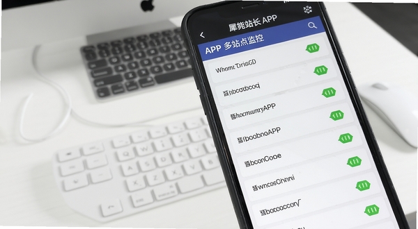 犀牛站长APP多站点监控列表界面,手机屏幕显示多个网站名称与绿色正常状态标识,背景为干净的白色工作台,整体画面明亮清晰