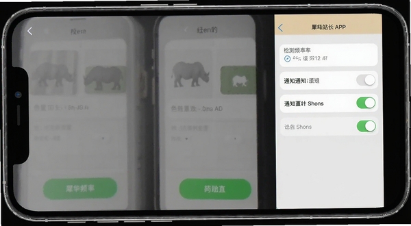 犀牛站长APP设置界面截图,手机屏幕展示检测频率选项与通知开关,背景为淡灰色极简风格,画面清晰展示操作细节