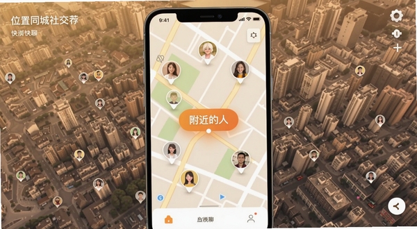 附近快聊基于位置的智能推荐功能界面,手机屏幕显示地图上散布的用户头像标记,中心位置高亮显示“附近的人”标签,背景为城市街区俯瞰图,色调温暖,体现同城社交的便捷性