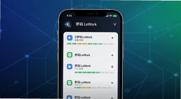 罗码LeWork应用在手机后台运行示意图,画面中手机电量图标充足,后台任务列表显示罗码LeWork占用资源极低,背景为深色科技感渐变,突出轻量省电特点