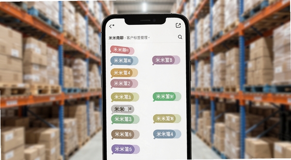 米米商聊客户标签管理界面特写,手机屏幕显示多个彩色标签分类,背景是模糊的仓库货架,画面风格干净清爽,体现分类整理的概念