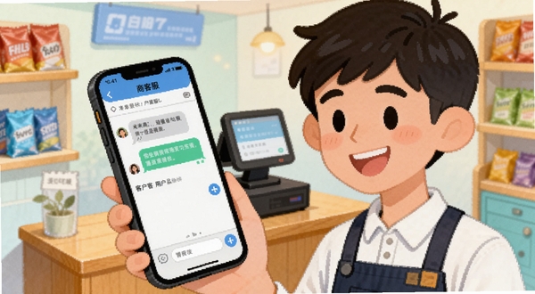 米米商聊用户问答场景插图,画面中一位年轻商户正对着手机微笑,手机屏幕显示客服对话界面,背景是整洁的小型店铺收银台,整体氛围轻松可信