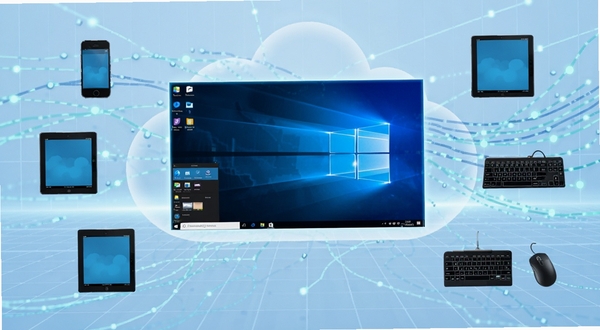 云点击云电脑核心界面全貌展示,画面中央悬浮一台虚拟Windows桌面窗口,背景为淡蓝色科技网格与云端数据流动线条,四周环绕手机、平板、键盘鼠标等设备图标,整体风格简洁明亮,突出云端电脑概念