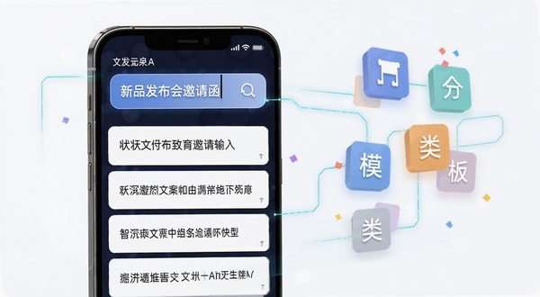 文状元智能文案生成功能演示图,手机屏幕展示输入框内写着“新品发布会邀请函”,下方快速生成多段文案内容,画面右侧漂浮着模板分类图标,整体采用扁平化科技风格,突出文状元AI生成能力