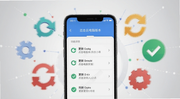 云点击云电脑版本更新功能展示图,画面中心为手机屏幕显示更新日志列表,周围环绕齿轮、刷新箭头、对勾等图标,背景为浅灰色渐变,风格简洁商务