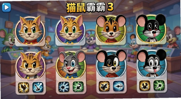 猫鼠争霸3角色选择界面展示,画面中排列着多个猫和老鼠角色头像,每个角色下方标注技能图标,背景为游戏大厅风格,色彩鲜艳,细节清晰,适合Boogu模型生成