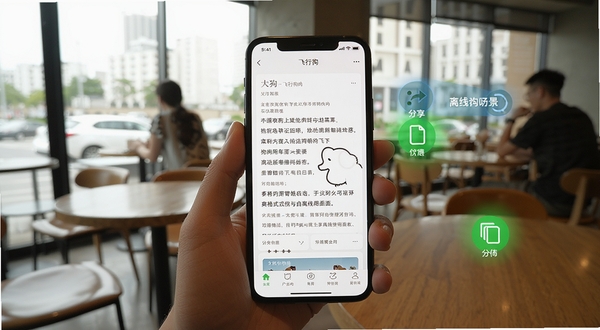 文案狗应用内多格式导出与离线使用场景,画面中手机处于飞行模式但应用仍正常显示文案内容,旁边有分享和复制按钮的高亮标识,背景为咖啡厅环境