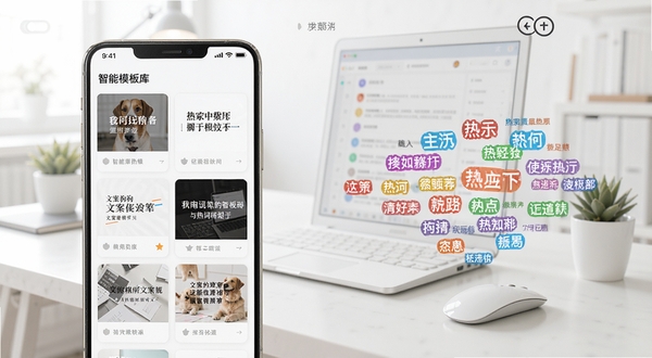 文案狗软件界面中智能模板库与热词推荐功能展示,手机屏幕显示多个文案模板卡片和实时热词标签云,背景为明亮的办公桌面,整体风格简洁现代