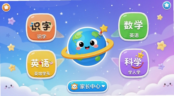 洪恩学堂软件主界面全景展示,画面中央是卡通风格的学习星球图标,周围环绕识字、数学、英语、科学四个学科入口,背景为柔和的蓝紫色渐变星空,底部有家长中心按钮,整体风格明亮活泼,适合儿童教育软件宣传图