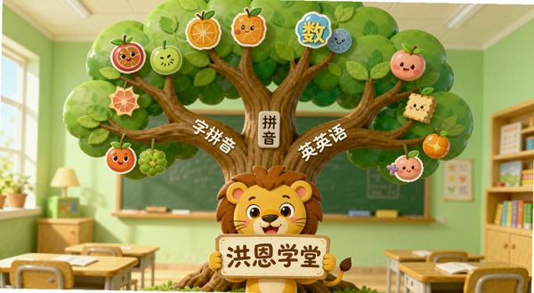 洪恩学堂多学科课程体系界面,画面展示一棵知识树,树干上标注识字、拼音、数学、英语等分支,每个分支上挂着不同颜色的果实图标,背景为温馨的浅绿色教室场景,画面中央有卡通小狮子举着洪恩学堂的牌子