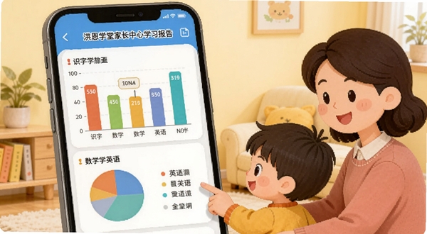 洪恩学堂家长中心学习报告界面,画面展示手机屏幕中呈现的彩色柱状图和饼图,标注识字、数学、英语等学科进度,旁边有卡通家长和孩子一起查看报告的温馨场景,背景为浅黄色居家环境