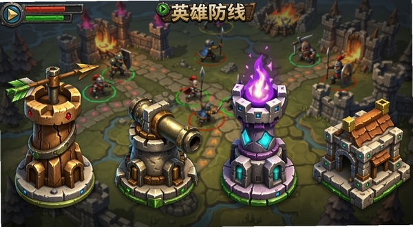 英雄防线游戏内四种防御塔造型展示,箭塔、炮塔、魔法塔、兵营并排排列,背景为魔幻战场地图,塔身细节清晰,色彩鲜明,方形构图,游戏UI风格