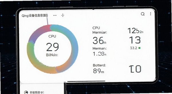 软件Qing设备信息面板界面,画面主体为手机屏幕中显示CPU、内存、电池等数据环形图与数值,背景区域为深色科技感网格,突出数据可视化