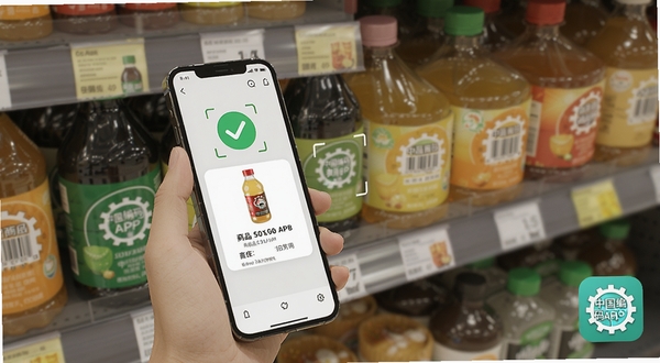 中国编码APP扫码识别功能展示,画面中一只手拿着手机对准一瓶饮料的条码,手机屏幕上显示识别成功的绿色对勾和商品信息卡片,背景为超市货架,光线柔和,中国编码APP图标出现在画面角落,整体风格写实自然,适合Boogu模型生成