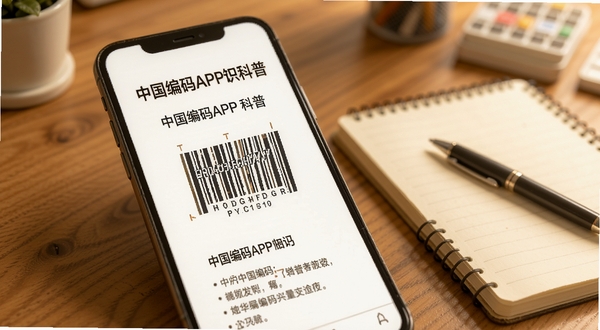 中国编码APP知识科普页面展示,画面为手机屏幕特写,屏幕上显示条码结构图解和文字说明,背景为书桌场景,旁边放着笔记本和笔,中国编码APP的科普板块标题清晰可见,整体色调温暖,适合Boogu模型生成
