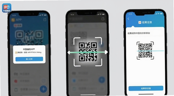 中国编码APP使用教程示意图,画面为手机屏幕录制风格的截图,展示从打开APP到扫码成功的完整流程,包含权限弹窗、扫码界面、结果页三个分镜,背景为浅灰色,中国编码APP图标出现在画面左上角,整体风格清晰直观,适合Boogu模型生成