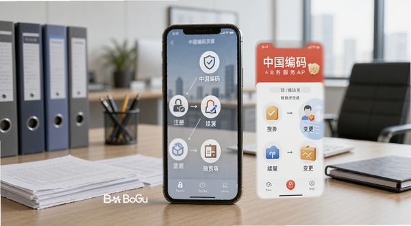 中国编码APP企业服务页面展示,手机屏幕显示业务办理流程图,包含注册、续展、变更等步骤图标,背景为办公室环境,桌面上有文件资料,中国编码APP界面清晰,整体风格商务简洁,适合Boogu模型生成