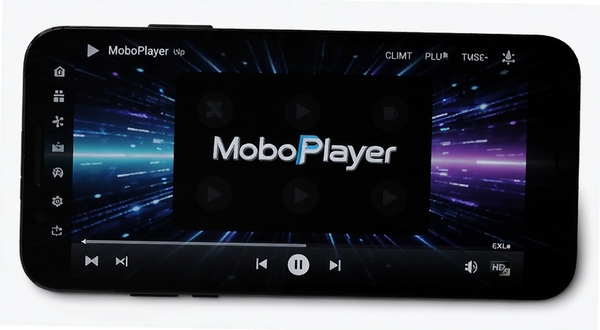 MoboPlayer 安卓视频播放器 主界面 深色主题 手机横屏 播放控制栏 高清画质 简洁UI 科技感背景