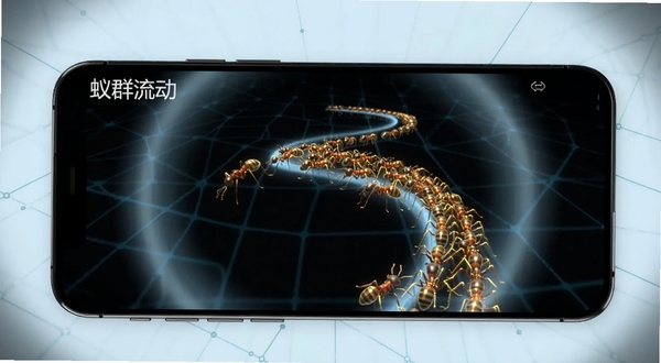 蚁群流动免费版主界面全景展示,画面中央为发光蚁群沿曲线路径流动的动态模拟场景,背景为深色科技感网格与淡蓝色光晕,左上角悬浮软件名称蚁群流动字样,整体风格简洁现代,适配手机屏幕比例