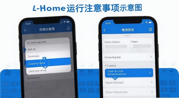 L-Home运行注意事项示意图,手机屏幕显示权限管理界面和电池优化设置页面,画面以蓝色和白色为主色调,突出关键设置项,背景简洁干净,适合作为教程配图
