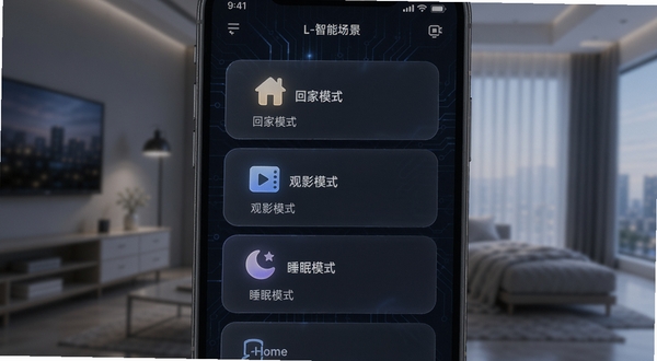 L-Home智能场景设置界面,手机屏幕展示“回家模式”“观影模式”“睡眠模式”等场景卡片,每个卡片配有图标和简短描述,背景为深色科技风格,突出场景联动的便捷与智能