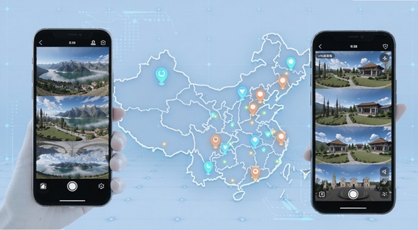 VR全景家乡 全景资源库界面 画面展示一个中国地图轮廓 地图上散布着多个发光的地点标记 背景是淡蓝色的科技感网格 手机屏幕中显示着不同地区的全景缩略图预览 风格现代简洁 适配Boogu模型生成